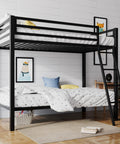Twin Over Twin Bunk Bed With Secure Side Rails And Quick Rise Ladder Heavy Duty Steel Rig Built Tough 400 Lb Weight Capacity in black finish.