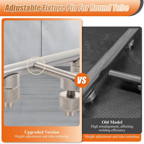 Comparison of adjustable welding table fixture pin pro-grade set with 5/8 inch holes for precise height adjustment in tube welding.