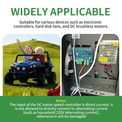 Image showing the Beefed Up Heavy Duty PWM DC Motor Speed Controller 9 To 60V 40A 2400W Max in use with kids' electric vehicle.