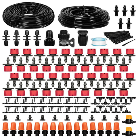 Components of 164Ft Drip Irrigation Kit With Quick Connect Valves for Raised Beds Veggie Gardens and Pots Auto Watering System
