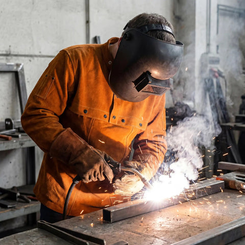 Welder wearing Leather Welding Jacket With Cape Sleeves And Bib Apron Top Notch Pro Grade Welder Safety Coat in action