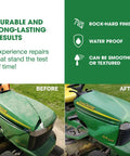 Before and after repair of a John Deere tractor hood using Fixit Sculpt 2 Part Epoxy Modeling And Repair Compound For Sculpting And Repairs