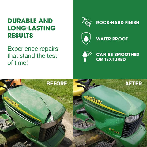 Before and after repair of a John Deere tractor hood using Fixit Sculpt 2 Part Epoxy Modeling And Repair Compound For Sculpting And Repairs