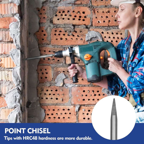 WORKPRO 17-piece SDS-Plus hammer drill bit set with storage case; side view of green drill on brick wall