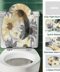 Toilet Seat Elongated Seamless for Bathroom with sunflower design, stainless steel hinges, quick release feature.