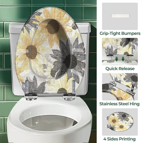 Toilet Seat Elongated Seamless for Bathroom with sunflower design, stainless steel hinges, quick release feature.