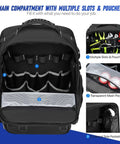 Heavy Duty Tool Backpack With Large Interior And Three Pouches showing multiple slots and compartments for tool organization