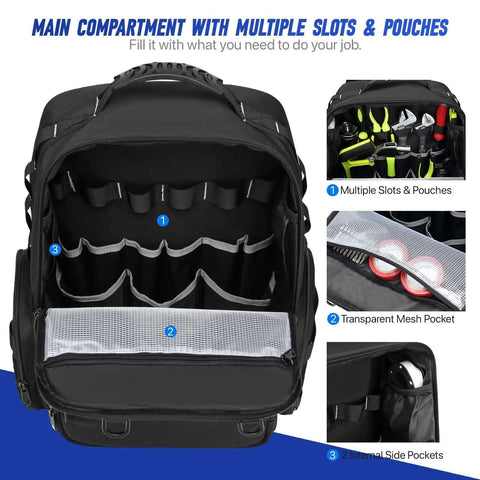 Heavy Duty Tool Backpack With Large Interior And Three Pouches showing multiple slots and compartments for tool organization