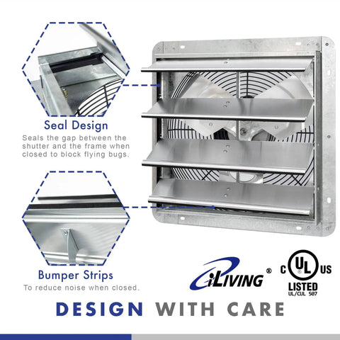Beefy 16 Inch Wall Mounted Shutter Exhaust Fan With Auto Shutter Thermostat And Variable Speed Control For Home Or Shop Delivers 1200 CFM And Covers Up To 1800 Sq Ft In Silver showing seal and bumper strips design