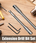 Rock Solid High Carbon Steel Drill Bit Extensions Six And Twelve Inch Hex Shank Spade Adapter Universal Quarter Inch Compatible Kit on wooden surface.