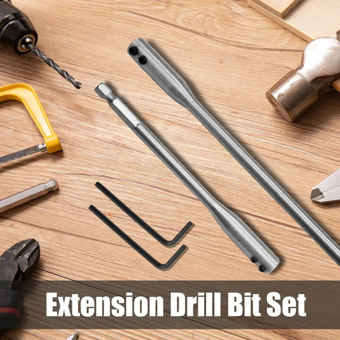 Rock Solid High Carbon Steel Drill Bit Extensions Six And Twelve Inch Hex Shank Spade Adapter Universal Quarter Inch Compatible Kit on wooden surface.