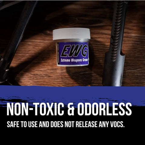 Extreme Weapons Grease EWG For Firearms shown in a 4 oz jar beside firearm parts on a wooden surface