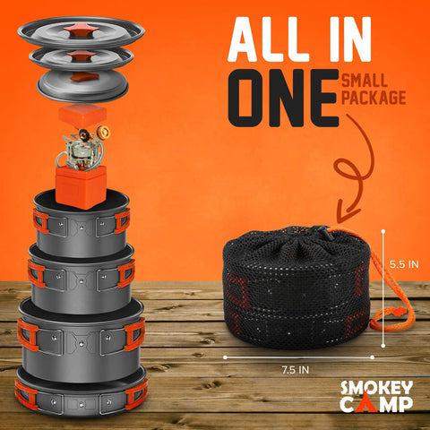 All-In-One Camping Cookware Set With Stove And Adapter, 10-Piece Backpacking Mess Kit stacked with mesh bag on wood table