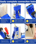 All Metal Pocket Hole Jig Drill Guide Kit For 15 Degree Angled Holes setup with blue aluminum housing and wood pieces for precise drilling.