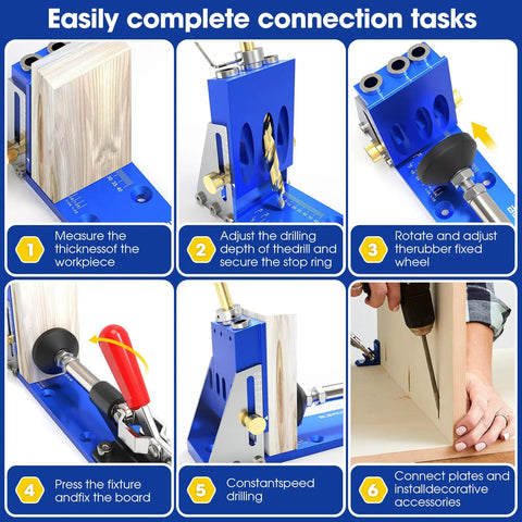 All Metal Pocket Hole Jig Drill Guide Kit For 15 Degree Angled Holes setup with blue aluminum housing and wood pieces for precise drilling.