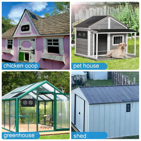 Kill The Stale Air In Chicken Coops Or Sheds With This 20W Solar Dual Exhaust Fan in various enclosures for ventilation.