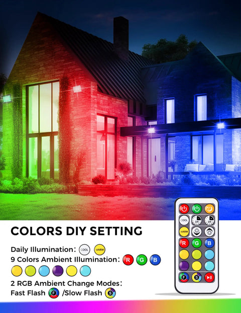 Outdoor Plug In Flood Light 50W Dusk To Dawn With IP66 Waterproof illuminating house with colorful lighting and remote