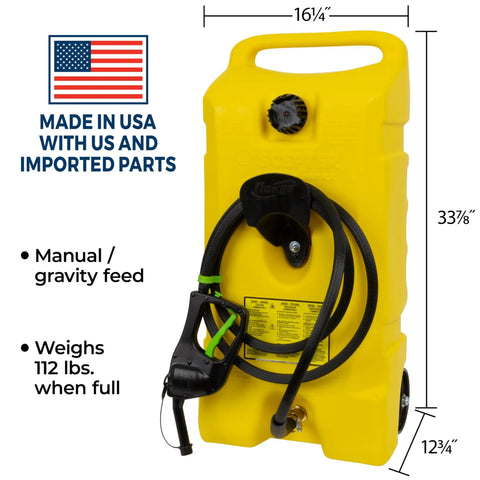 Duramax 14 Gallon Wheeled Diesel Fuel Transfer Tank With Spout Pump Yellow Portable Rolling Container With 10 Foot Hose