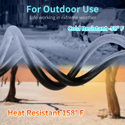 15 Foot 16 Gauge 3 Outlet Outdoor Extension Cord Waterproof Black Tough As Nails Power Cable With Three Prongs SJTW ETL Listed 125V 13A 1625W Multi Outlet showing temperature resistance for outdoor use with snowy and arid background.