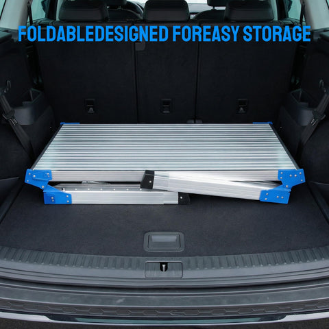 Height Adjustable Work Platform And Folding Aluminum Step Ladder Portable And Lightweight Yet Built Tough With 330 Lb Rating shown folded in car trunk