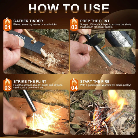 Four-step guide to using Go-To 6 Inch Ferro Rod Fire Starter Kit for efficiently starting a fire in camping and hiking scenarios.