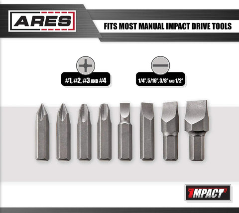 Eight Piece S2 Steel Impact Driver Bit Set with Phillips 1 2 3 4 and Slotted One Quarter Five Sixteenth Three Eighth and One Half Inch Bits