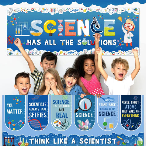 Science Classroom Decor Duo With Scientist Posters Banner Set For Bulletin Boards And Wall Displays For Teachers Lab Cutouts And Party Prep In Schools Or Offices 13.8 By 38.6 Inches displayed with children celebrating