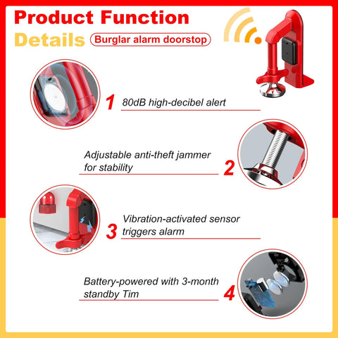 Ultra Portable 80dB Alarm Door Stopper For Home Office And Travel, No Hassle Anti Theft Security Alarm At The Bottom Of Doors, Adjustable Easy To Install Red Door Security Device That Deters Intruders And Keeps You Safe, red door alarm stopper with battery and sensor