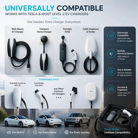 Image showcasing Slick Overhead EV Charging Cable Organizer With Universal Retractable Cord Reel for various EV chargers.