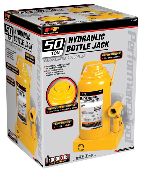Rugged 50 Ton Hydraulic Bottle Jack With Low Profile Design For Tight Spaces, 11 3/4 To 18 7/8 Inch Lift Range, box packaging