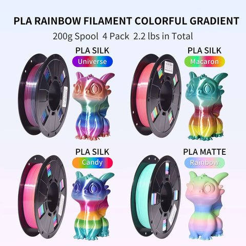 Shiny Rainbow PLA Filament Bundle For 3D Printing, 1.75mm, 200g Per Spool, 4 Spools Included, Color Changing Multicolor Filament Set