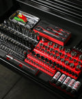 Magnetic Socket Organizer Set For One Quarter, Three Eighths, And One Half Inch Drives in toolbox drawer with various sockets