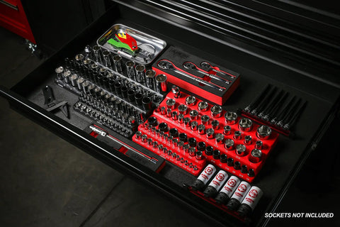 Magnetic Socket Organizer Set For One Quarter, Three Eighths, And One Half Inch Drives in toolbox drawer with various sockets