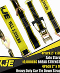 Heavy Duty Car Trailer Tie Down Straps With Reflective Kit For Car Truck And UTV Transport Four 2x10 Foot Ratchet Straps Shown