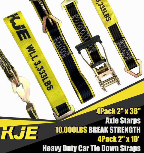 Heavy Duty Car Trailer Tie Down Straps With Reflective Kit For Car Truck And UTV Transport Four 2x10 Foot Ratchet Straps Shown
