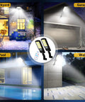 Outdoor Solar Motion Sensor Flood Lights 6000 Lumens 120 LED 3 Modes Waterproof Wall Lamp illuminating home areas.