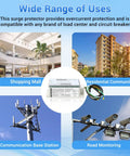 Whole House Surge Protector With 140,000 Amps For 120 And 240V Homes, Beefed Up Surge Protection Device With Lightning Protection To Guard All Circuits, Easy Install, Reliable Home Electrical Safety Upgrade displayed with usage examples in shopping mall, residential community, communication base station, road monitoring applications.