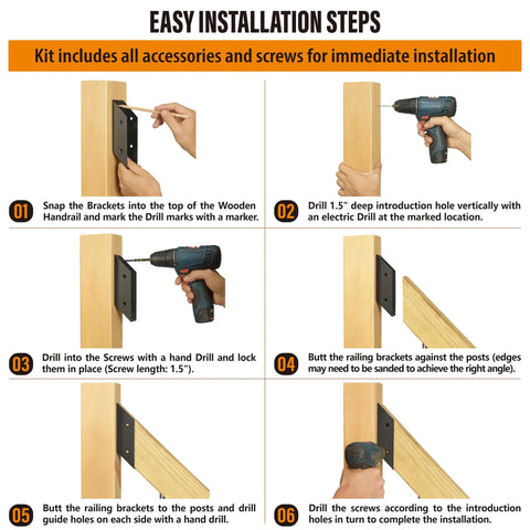 Heavy Duty Stainless Steel Deck Railing Brackets And Connectors For Standard 2X4 Wood Posts installation steps with marked positions and drill guide.