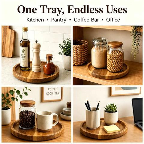 Ten Inch Solid Acacia Wood Lazy Susan With Smooth 360 Swivel Base For Kitchen Counter Organizer Spice Rack Turntable with various uses.
