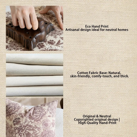 Floral Vintage Pillow Covers 24x24 Inch Set Of 2 Cream Beige Unbleached Natural Cotton Throw Pillow Covers With Block Print Design Neutral Boho Farmhouse Style For Living Room Sofa Couch Decor showing floral print and cotton fabric texture