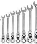 12 Piece Metric Flex Head Ratcheting Wrench Set With Reversible Heads And 90 Degree Pivot, Sizes 8mm Through 19mm, Displayed on a Surface