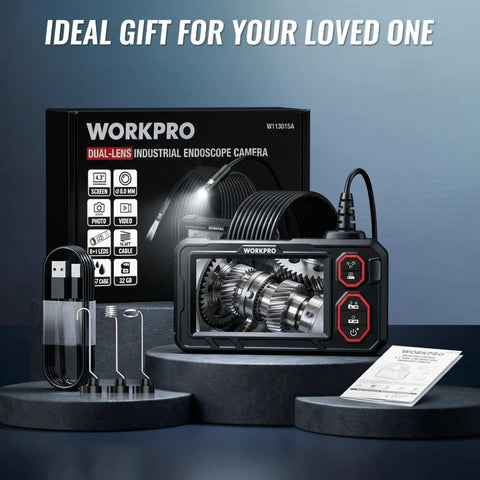 Dual Lens Endoscope With 4.3 Inch IPS Display And 16.4 Foot Cable, 1920P HD Real Time Imaging, Front And Side Cameras, 170 Degree Wide Viewing Angle, Zoom And Brightness Control For Clear Inspections. Dual-lens endoscope kit with screen, cable, probes, and manual