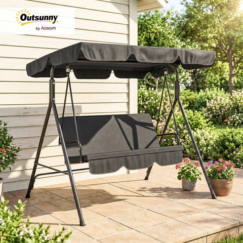 Three Seat Outdoor Patio Swing Chair With Removable Cushions, Steel Frame Stand, And Adjustable Tilt Canopy, Black