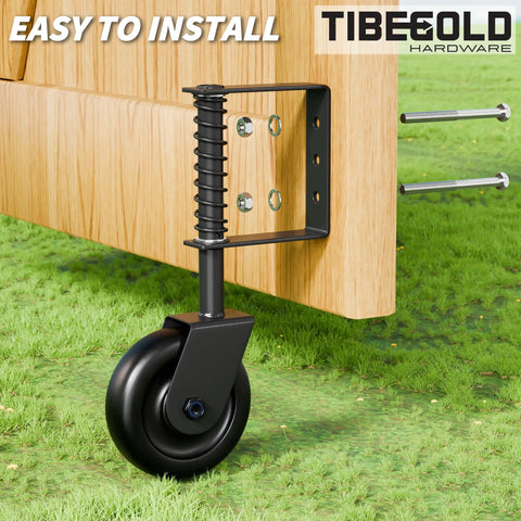 Heavy Duty 4.3 Inch Gate Wheels Black Outdoor Fence Casters With 360 Degree Swivel Spring Loaded Design That Rolls Like Butter Takes The Strain Off Posts Quick Fit 2 Pack mounted on a wooden gate.