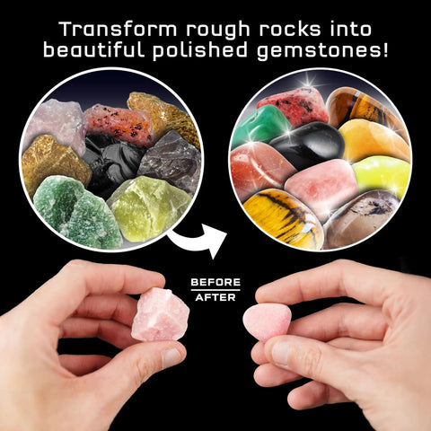 Kids Rock Tumbler Kit With Built In Timer, Leak Proof Noise Reducing Barrel, Durable STEM Tool For Polishing Stones, before and after polished stones