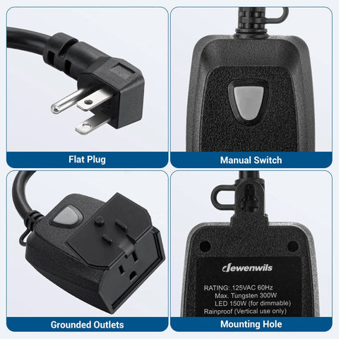 Outdoor String Light Dimmer With Remote Control Weatherproof Plug In Dimmer Switch showing flat plug, manual switch, grounded outlets, mounting hole