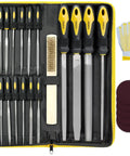 26 Piece Metal File Set With T12 Forged Alloy Steel Shop-Ready Pro Grade arranged in a case with gloves, sandpaper, and wire brush.
