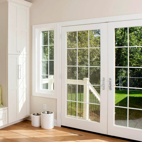 White double French doors opening to garden with Goldenwarm Satin Nickel 4 Inch Ball Bearing Door Hinges 3 Pack for Exterior and Interior Doors Square Corner Heavy Duty 304 Stainless Steel Rust Resistant Long Lasting Construction.