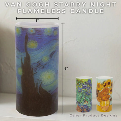 Van Gogh Starry Night Flameless Candles With Remote, 3x6 inch LED candle with Starry Night print, ambient light home decor