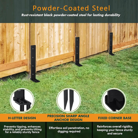 Heavy Duty Steel Fence Post Repair Kit Ground Stakes For Fast Fix Broken Wood Posts No Dig Drive In Yard Saver Bulletproof Reinforced Frame No Fuss Tool Free Setup 6 Pack Set with black powder-coated steel.